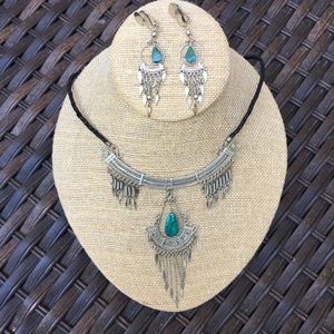 Silver Tone & Green Bohemian-Style Necklace and Earrings Set